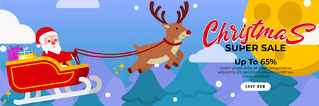 Christmas sale banner with Santa Claus on Sleigh and Deer Flat Design Vector.banner sale, discount, free delivery. Vector illustration for winter holiday discounts.のイラスト素材