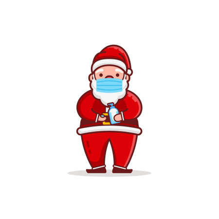 Christmas Santa Claus Cartoon Character wear mask use hand sanitizer Flat Design Vector Illustrationのイラスト素材