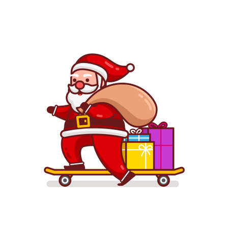 Christmas Santa Claus Cartoon Character deliver gift box by riding a Skateboard Flat Design Vector Illustrationのイラスト素材