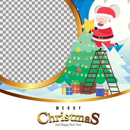Merry Christmas Background with cute santa put a big star on Christmas tree.blank photo.Holiday Social media post,Christmas sale, greeting card template vector.のイラスト素材