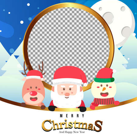 Merry Christmas Background with cute Santa and friends on winter landscape.blank photo.Holiday Social media post,Christmas sale, greeting card template vector.のイラスト素材