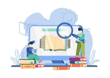 E-Library concept. a man carrying a magnifying glass is looking for a book on the screen. Digital Library, E-book, E-Learning online, Archive of books and online reading. vector illustrationのイラスト素材