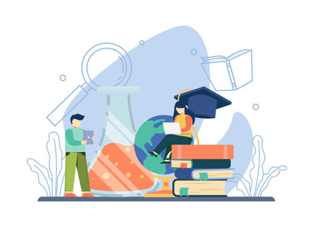 University concept . man and woman learn online. distance education,chemical glass,Research & analysis concept, on-campus learning. Flat design illustration for web bannersのイラスト素材