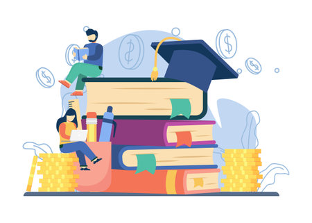 Investment in education. woman sit on stack of coins. a man sit on stack of books.nvestment in knowledge, student loans, scholarships.money,savings for study. vector illustration for web bannerのイラスト素材