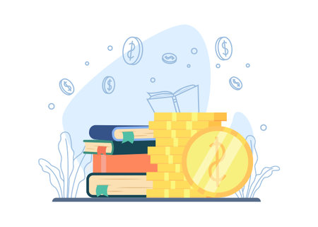 Scholarship concept. stack of coins. saving money, investment in knowledge icon. suitable for landing page, mobile app, sticker, poster, flyer, article, and banner. vector illustrationのイラスト素材