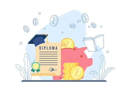 Scholarship concept. piggy bank and stack of coins. saving money, investment in knowledge icon. suitable for landing page, mobile app, sticker, poster, flyer, article, and banner. vector illustrationのイラスト素材