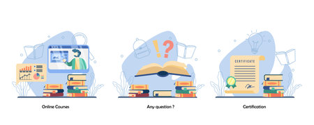 Online Webinar, Q and A, academic achievement icon set. Online Courses, Any Question, Certification. Vector flat design isolated concept metaphor illustrationsのイラスト素材