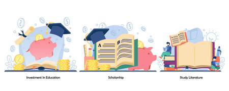 Saving money for education, reward, Distance education icon set. investment in education, scholarship, study literature. Vector flat design isolated concept metaphor illustrationsのイラスト素材