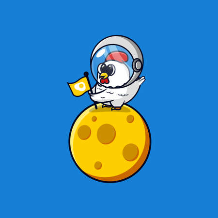Cute Chicken Astronaut above the moon sticking the flag. Cute mascot character. Concept Isolated Premium Vector. Flat Cartoon Style.のイラスト素材