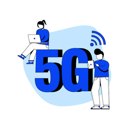 Technology icon concept vector illustration. people use 5G network wireless technology. network, telecommunication. can use for web, homepage, mobile apps. character cartoon Illustration flat style.のイラスト素材