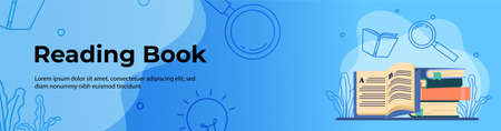 Reading Book Web Banner Design. open book with stack of books. header or footer banner. vector illustrationのイラスト素材