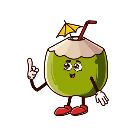 Cute coconut character with happy face and Gesture pointing up. Fruit character icon concept isolated. Emoji Sticker. flat cartoon style Vectorのイラスト素材
