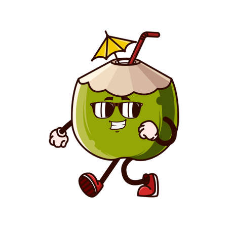 Cute coconut character walking with eyeglass. Fruit character icon concept isolated. flat cartoon style Premium Vectorのイラスト素材