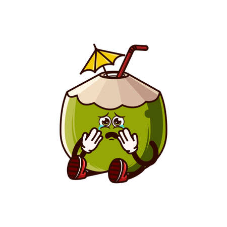 Cute coconut character sitting and crying. Fruit character icon concept isolated. flat cartoon style Premium Vectorのイラスト素材