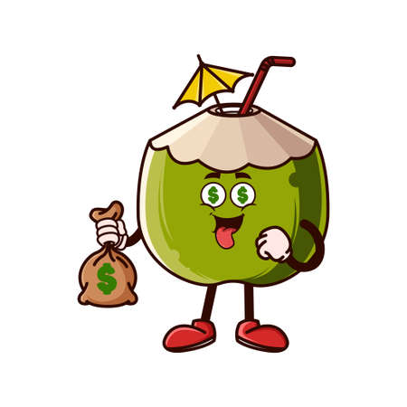 Cute coconut character with money eyes and holding money bag. Fruit character icon concept isolated. Emoji Sticker. flat cartoon style Vectorのイラスト素材