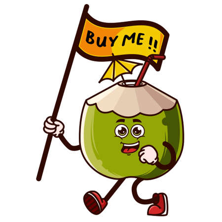Cute coconut character with happy face and Gesture pointing up. Fruit character icon concept isolated. Emoji Sticker. flat cartoon style Vectorのイラスト素材
