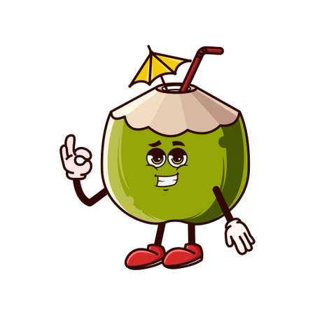 Cute coconut character with cool emoji and show gesture OK. Fruit character icon concept isolated. Emoji Sticker. flat cartoon style Vectorのイラスト素材