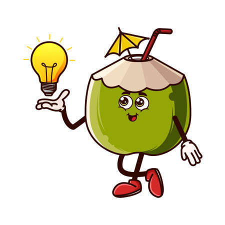Cute coconut character with light bulb Idea on hand. Fruit character icon concept isolated. Emoji Sticker. flat cartoon style Vectorのイラスト素材