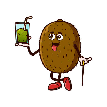 Cute Kiwi Fruit character with Kiwi juice on hand. Fruit character icon concept isolated. flat cartoon style Premium Vectorのイラスト素材