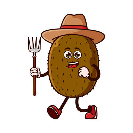 Cute Kiwi Fruit Farmer character with pitchfork. Fruit character icon concept isolated. flat cartoon style Premium Vectorのイラスト素材
