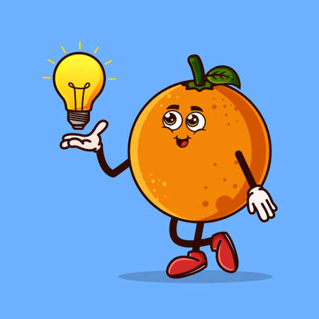 Cute Orange fruit character with light bulb Idea on hand. Fruit character icon concept isolated. Emoji Sticker. flat cartoon style Vectorのイラスト素材