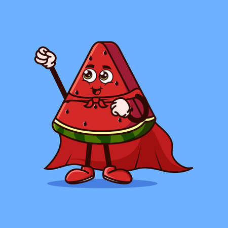 Cute watermelon fruit character with Super hero costume and try to fly. Fruit character icon concept isolated. Emoji Sticker. flat cartoon style Vectorのイラスト素材