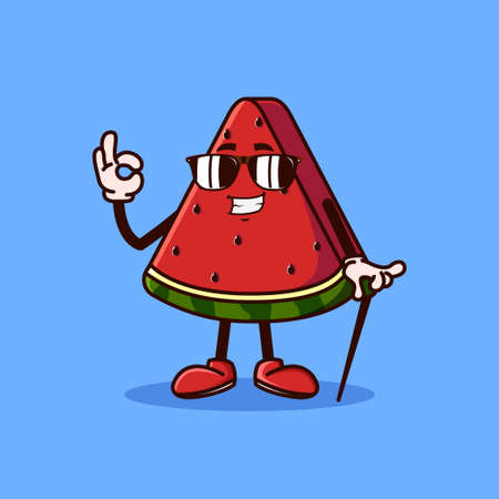 Cute Watermelon fruit character with eye glass and OK hand gesture. Fruit character icon concept isolated. flat cartoon style Premium Vectorのイラスト素材