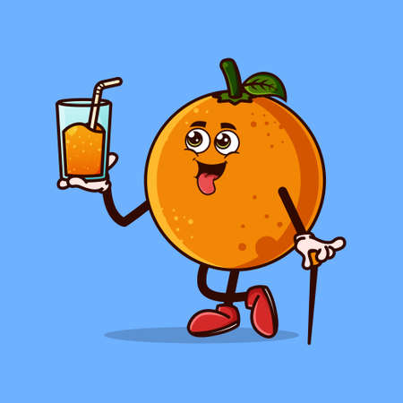 Cute Orange fruit character with Orange juice on hand. Fruit character icon concept isolated. flat cartoon style Premium Vectorのイラスト素材