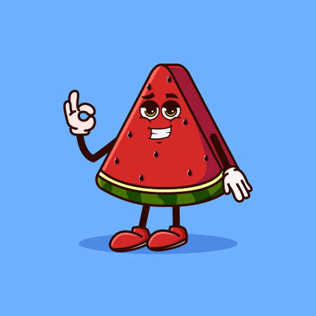 Cute Watermelon fruit character with cool emoji and show gesture OK. Fruit character icon concept isolated. Emoji Sticker. flat cartoon style Vectorのイラスト素材