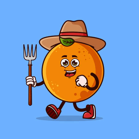 Cute Orange fruit Farmer character with pitchfork. Fruit character icon concept isolated. flat cartoon style Premium Vectorのイラスト素材