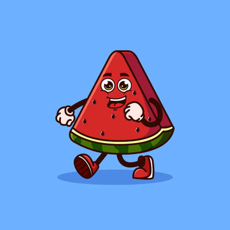 Cute Watermelon fruit character walking with Happy face. Fruit character icon concept isolated. flat cartoon style Premium Vectorのイラスト素材