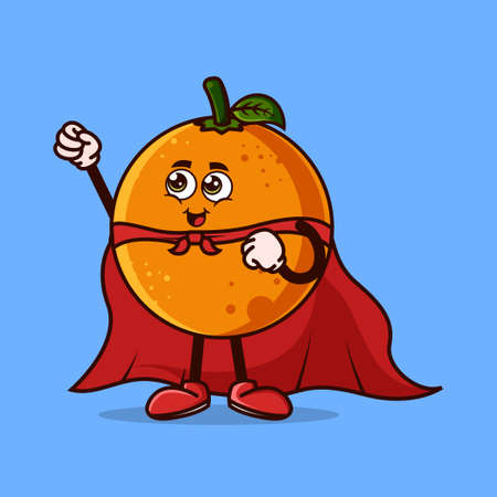 Cute Orange fruit character with Super hero costume and try to fly. Fruit character icon concept isolated. Emoji Sticker. flat cartoon style Vectorのイラスト素材