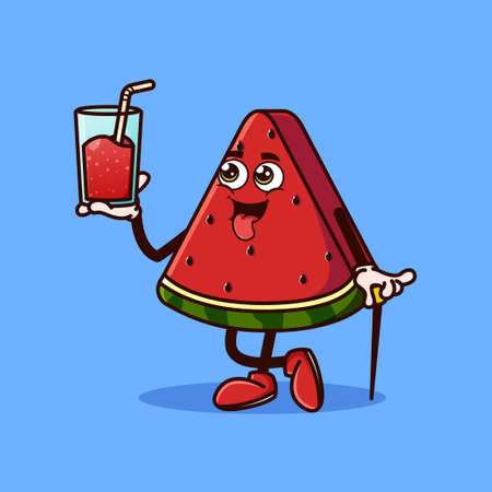 Cute Watermelon fruit character with Watermelon juice on hand. Fruit character icon concept isolated. flat cartoon style Premium Vectorのイラスト素材