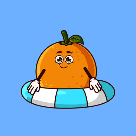 Cute Orange fruit character with swim ring float. Fruit summer icon concept isolated. flat cartoon style Premium Vectorのイラスト素材