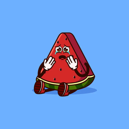 Cute Watermelon fruit character sitting and crying. Fruit character icon concept isolated. flat cartoon style Premium Vectorのイラスト素材