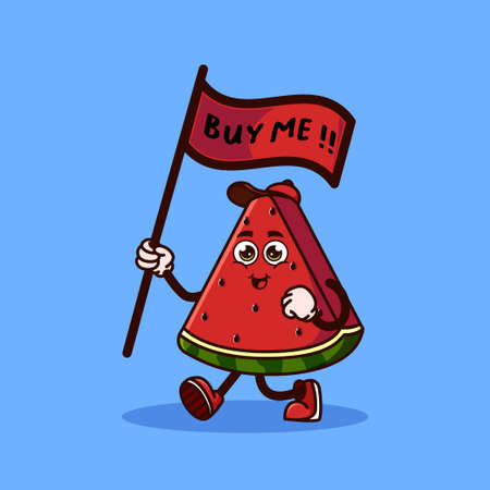 Cute Watermelon fruit character carrying a flag that says buy me. Fruit character icon concept isolated. Emoji Sticker. flat cartoon style Vectorのイラスト素材