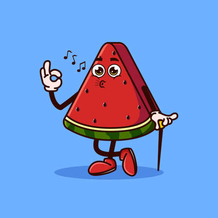 Cute Watermelon fruit character okay gesture and whistle. Fruit character icon concept isolated. flat cartoon style Premium Vectorのイラスト素材