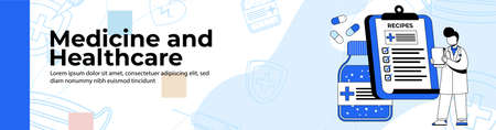 Medicine and Healthcare Web Banner Design. doctor writes a prescription.prescription drugs, health checks, pharmacy header or footer banner.のイラスト素材