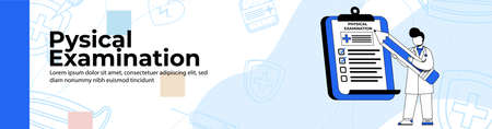 Physical Examination Web Banner Design. The doctor writes down the results of the physical examination.health checks, health consultation header or footer banner.のイラスト素材