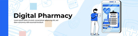 Digital pharmacy store Web Banner Design. a man makes a drug purchase through an online pharmacy store. medical prescription header or footer banner.のイラスト素材