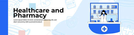 Healthcare and Pharmacy store Web Banner Design. woman providing service in pharmacy shop.header or footer banner.のイラスト素材