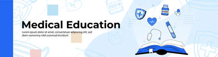 Medical Education Web Banner Design.open ledger with medicine, health and medical tools. header or footer banner.のイラスト素材