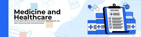 Medicine and Healthcare Web Banner Design. health medicine icon and prescription sheet.header or footer banner.のイラスト素材