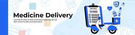 Medicine Delivery Web Banner Design. A medicine delivery with a motorcycle. Hospital Delivery service header or footer banner.のイラスト素材