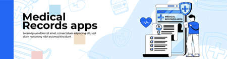 Medical Records Apps Web Banner Design.a man checks medical records on his smartphone. health checks, health consultation header or footer banner.のイラスト素材