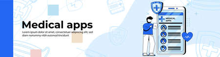 Medicine apps Web Banner Design.a man chooses a consulting doctor on a health app. header or footer banner.のイラスト素材