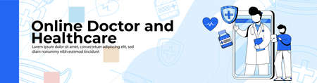 Online Doctor and Healthcare Web Banner Design.a man a consulting doctor on a health app. online doctor application header or footer banner.のイラスト素材
