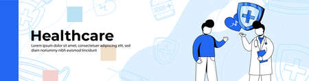Healthcare Web Banner Design. A man do healthcare consultation with a doctor.medical examination, medical checkup header or footer banner.のイラスト素材