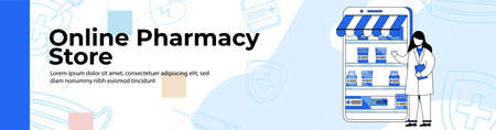 Online pharmacy store Web Banner Design header or footer banner.のイラスト素材