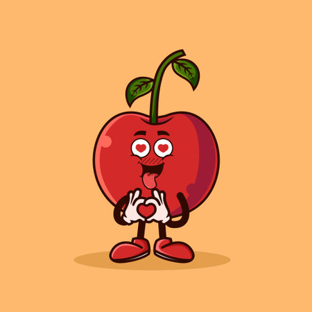 Cute Cherry fruit character with love emote. Fruit character icon concept isolated. flat cartoon style Premium Vectorのイラスト素材